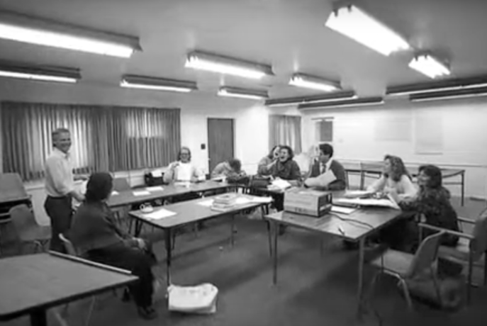 Old black and white photo of gspp classroom